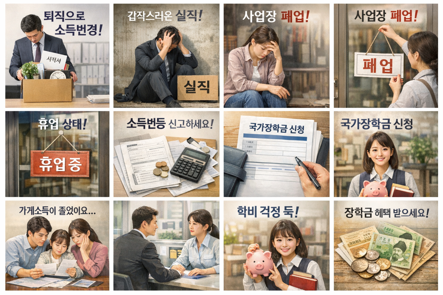 국가장학금 소득변경 퇴직 실직 폐업 휴업 관련 다양한 이미지