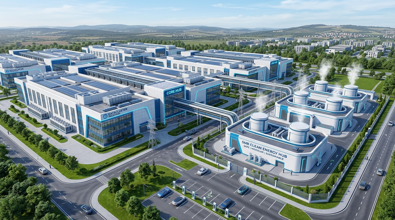 데이터 센터 바로 옆에 푸른 빛을 내는 SMR 원자로가 설치되어 에너지를 공급하는 그래픽