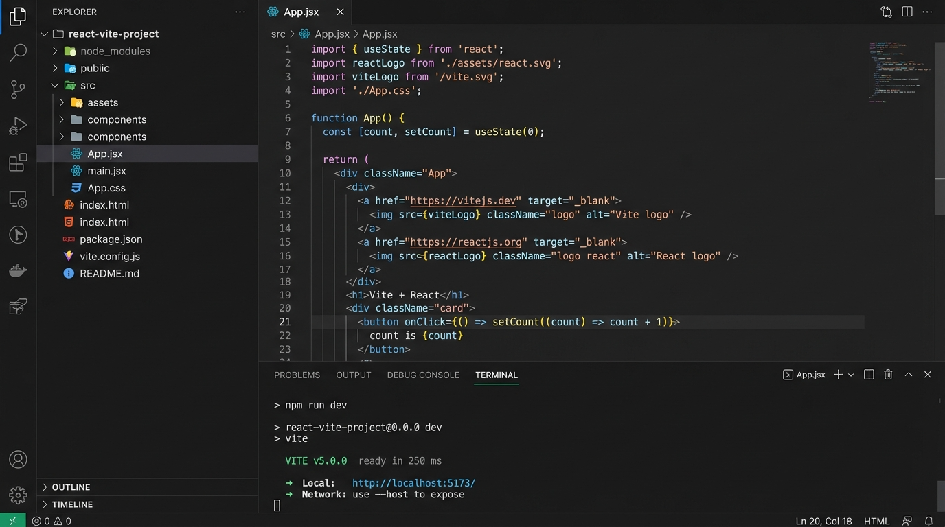 어두운 배경의 코드 에디터(VS Code) 화면에 React와 Vite 프로젝트가 깔끔하게 세팅되어 있는 개발 초기 모습