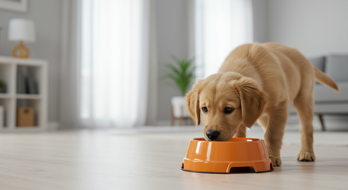 puppy cautiously approaching food bowl in new home