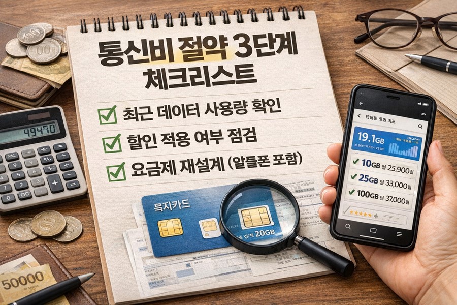 최근 데이터 사용량 확인부터 할인 적용 여부 점검, 요금제 재설계까지 통신비 절약 3단계를 체크리스트로 정리한 안내 이미지입니다.