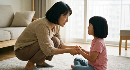 아이와 눈높이를 맞추고 대화하는 장면