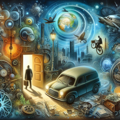 미래적 도시와 우주가 결합된 독특한 장면.