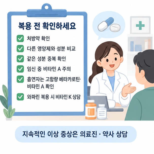 종합영양제 복용 전 처방약과 중복 성분 임신 흡연 여부를 확인하는 체크리스트 이미지