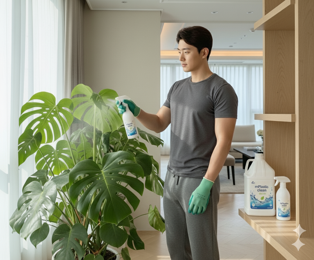 남성 모델이 sp500 스프레이를 이용해 몬스테라 잎을 관리하는 모습. 대용량 m4000 용기가 함께 놓여 홈가드닝의 전문성을 더함