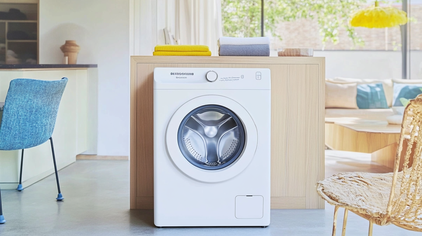 삼성 비스포크 시리즈 세탁기가 목재 가구와 색상을 매치하며 인테리어와 조화를 이루는 공간을 보여주는 이미지입니다. 조화롭고 스타일리시한 느낌을 전달합니다.