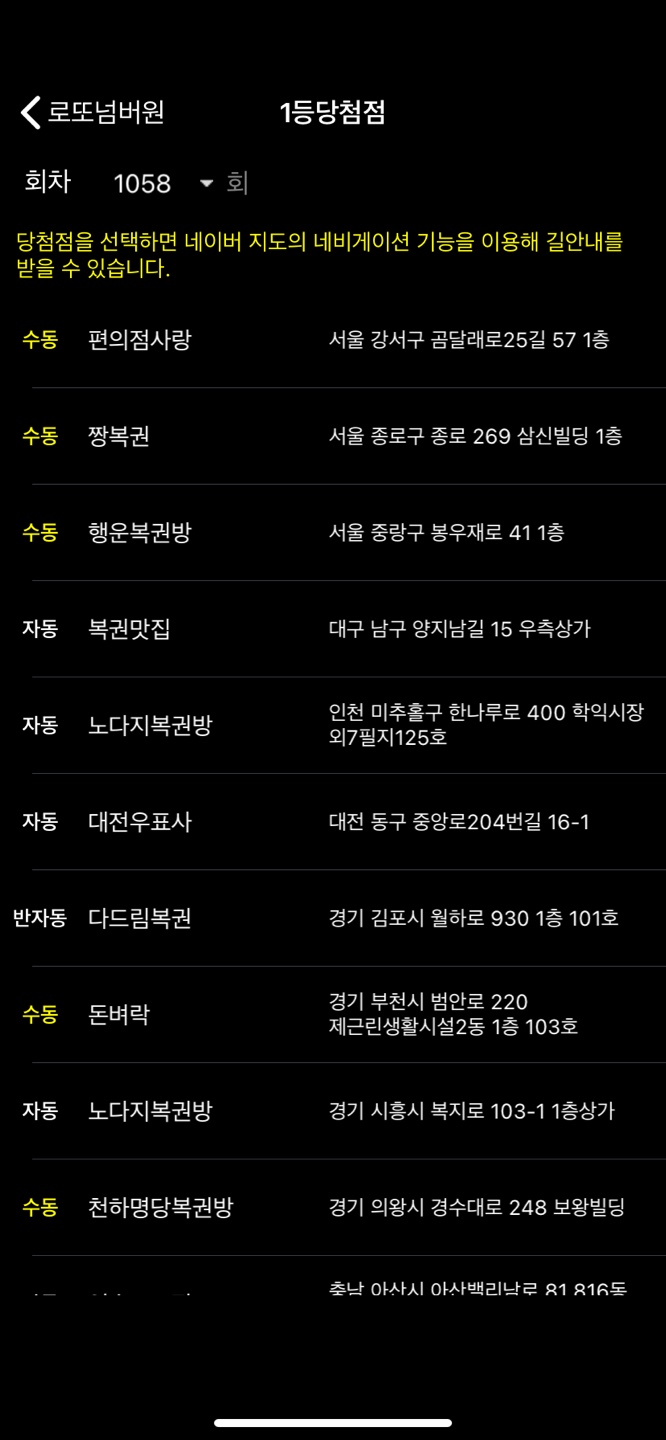 로또 1058회 당첨지역