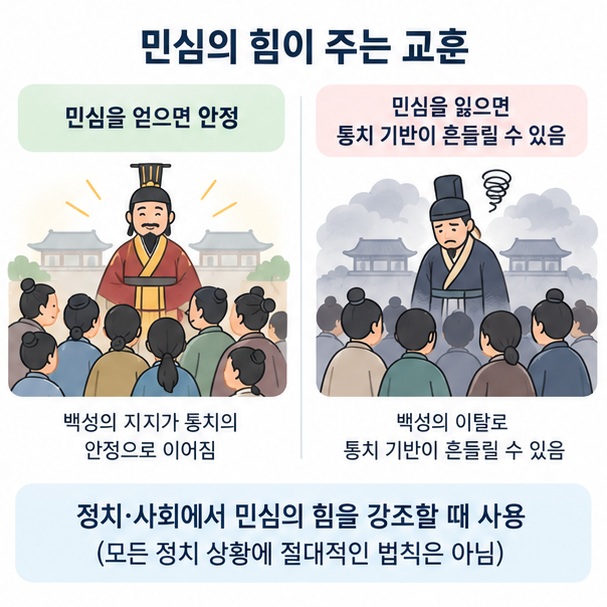 민심이 통치자를 지지하거나 등을 돌릴 수 있다는 군주민수의 현대적 의미를 보여주는 이미지