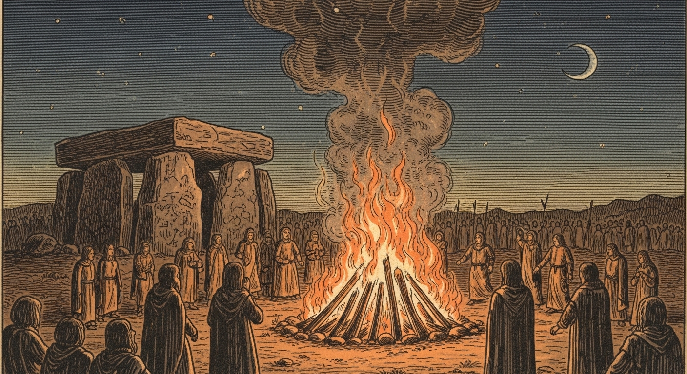 켈트족의 사원과 축제를 상징하는 오래된 듯한 그림