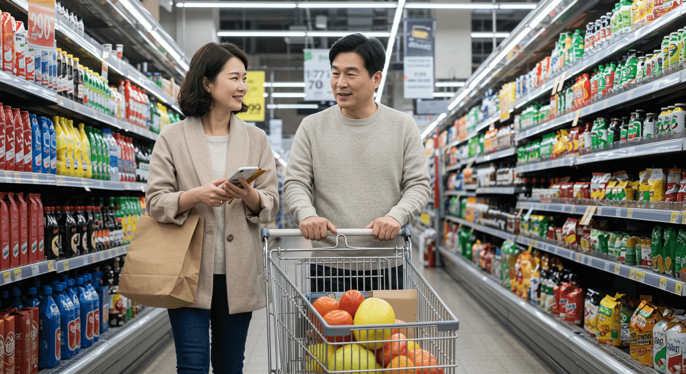 부부가 카트를 끌고 가는 모습