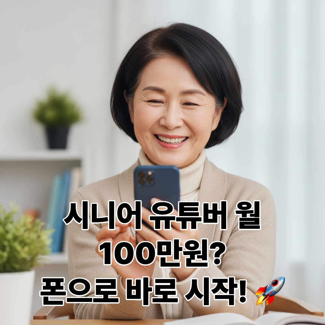 스마트폰으로 유튜브 영상을 촬영하며 환하게 웃고 있는 활기찬 60대 한국인 시니어 여성 유튜버