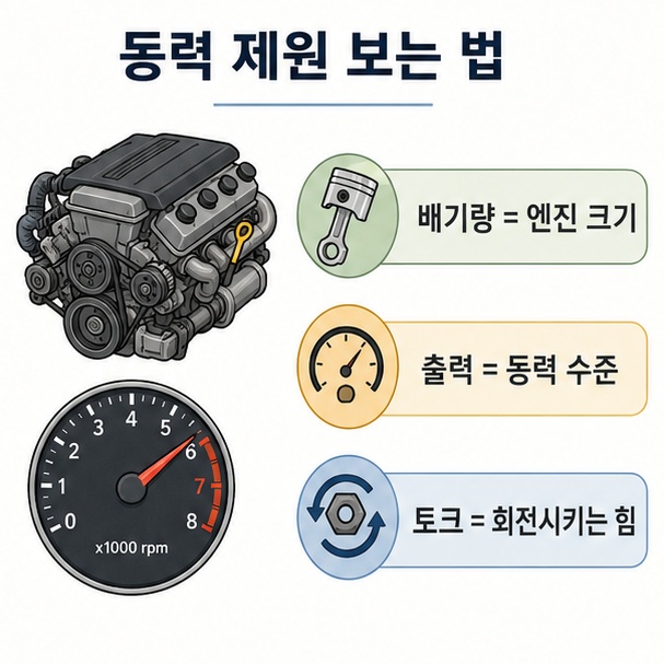 자동차 배기량과 출력, 토크의 의미를 엔진과 계기판 아이콘으로 정리한 이미지