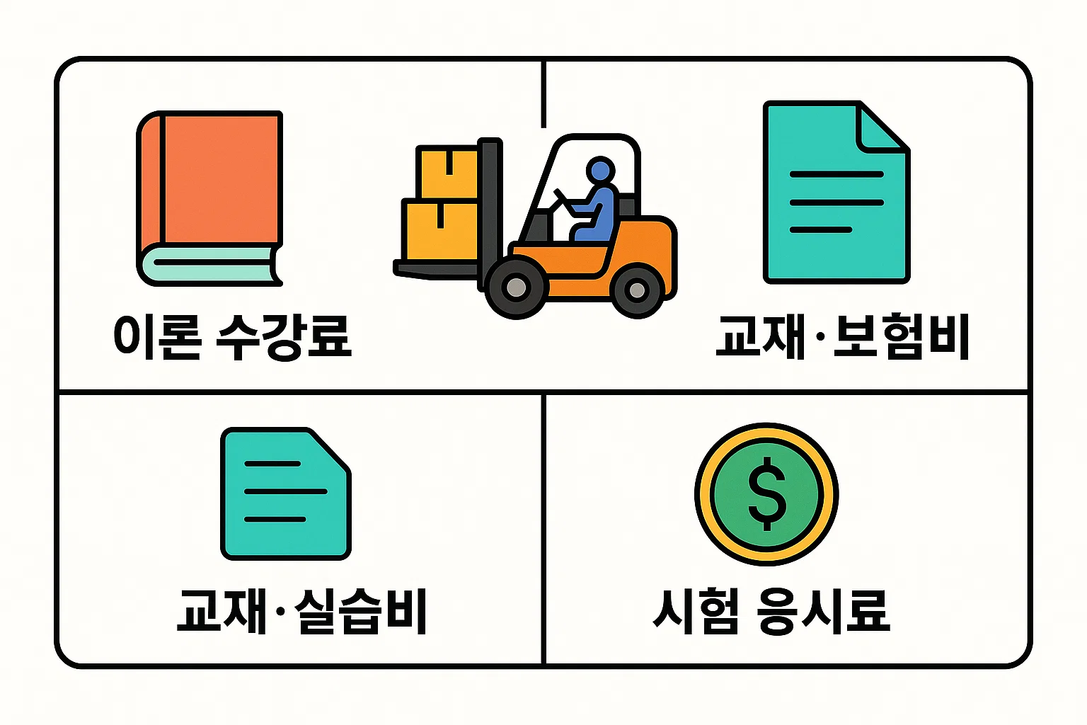지게차운전기능사 학원비용의 주요 구성 항목을 설명한 인포그래픽으로, 이론 수강료, 교재 및 보험비, 실습비, 시험 응시료 등 지게차 자격증 취득을 위한 전체 비용 구조를 시각적으로 정리한 이미지입니다.