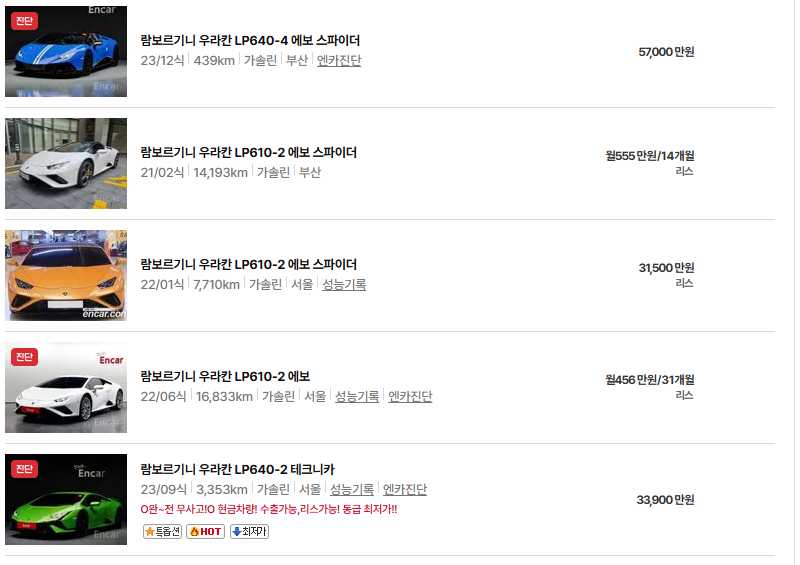 람보르기니 우라칸 중고차 가격 시세표 연비