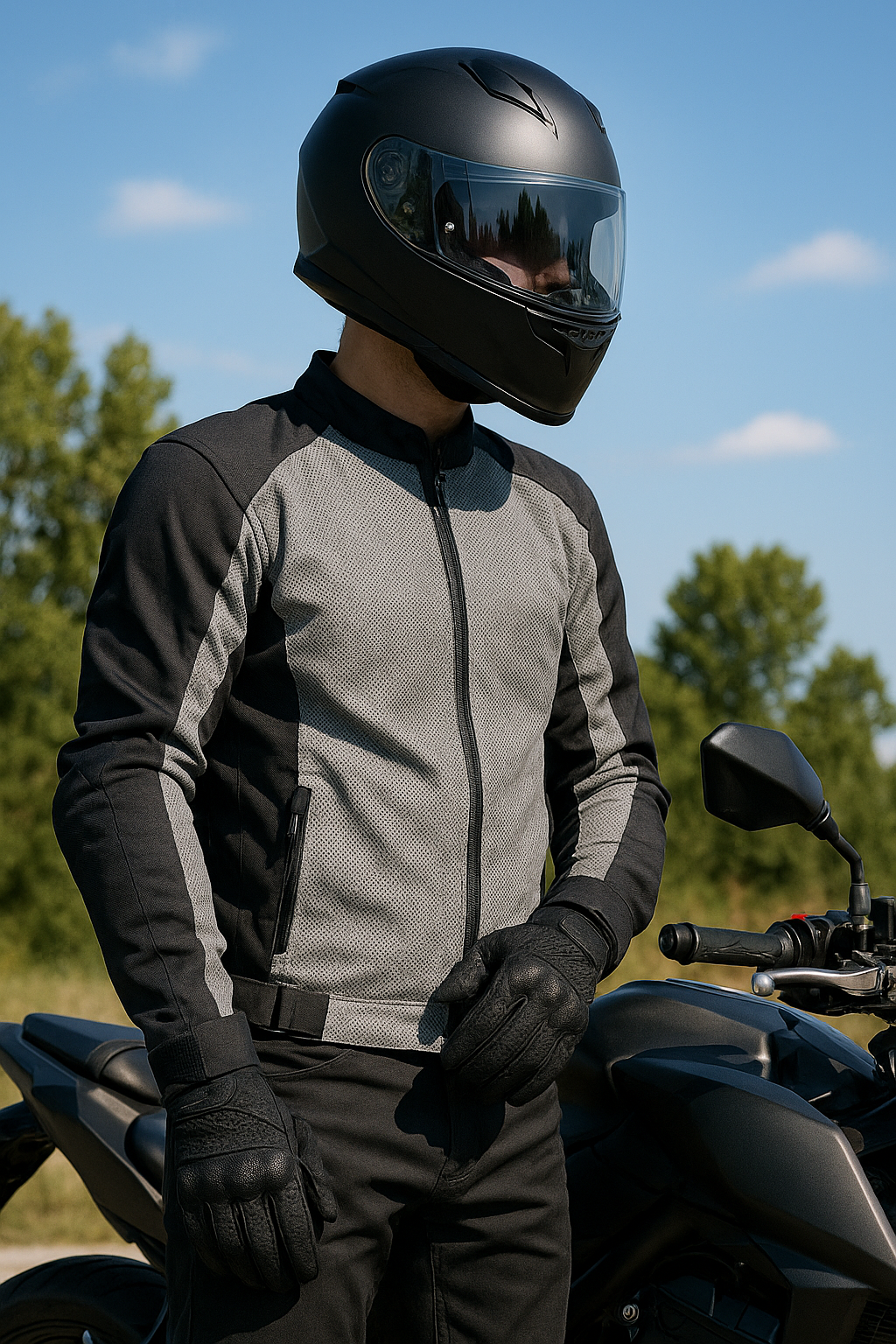 여름에 메시 자켓을 입은 오토바이 라이더