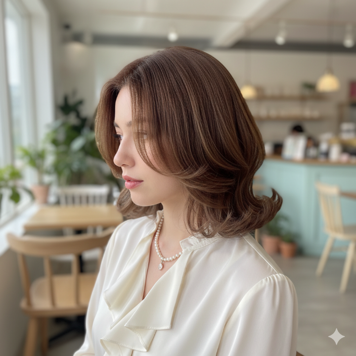어깨에 살짝 닿는 기장의 우아한 중단발 C컬펌 스타일