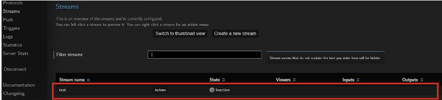 Push Input Stream 생성 완료 화면
