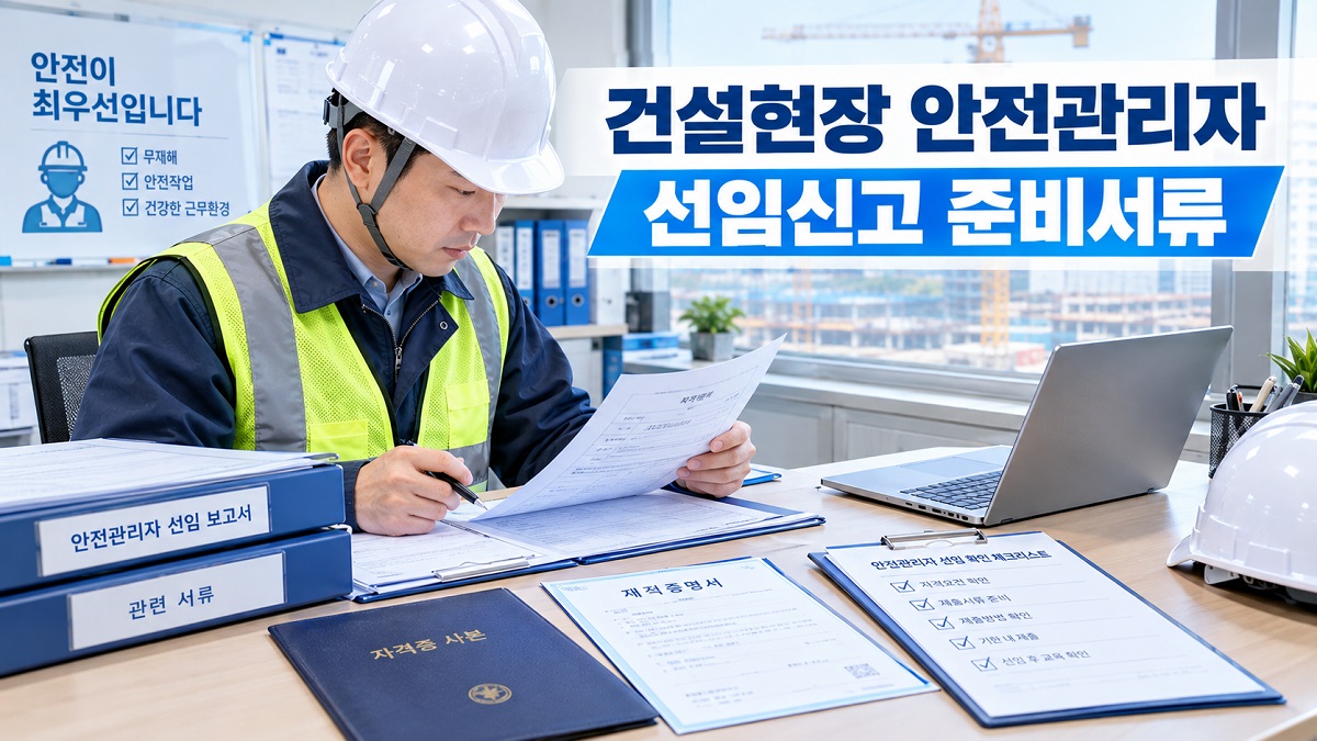 건설현장 사무실에서 안전관리자가 선임 보고서와 첨부 서류를 점검하는 모습