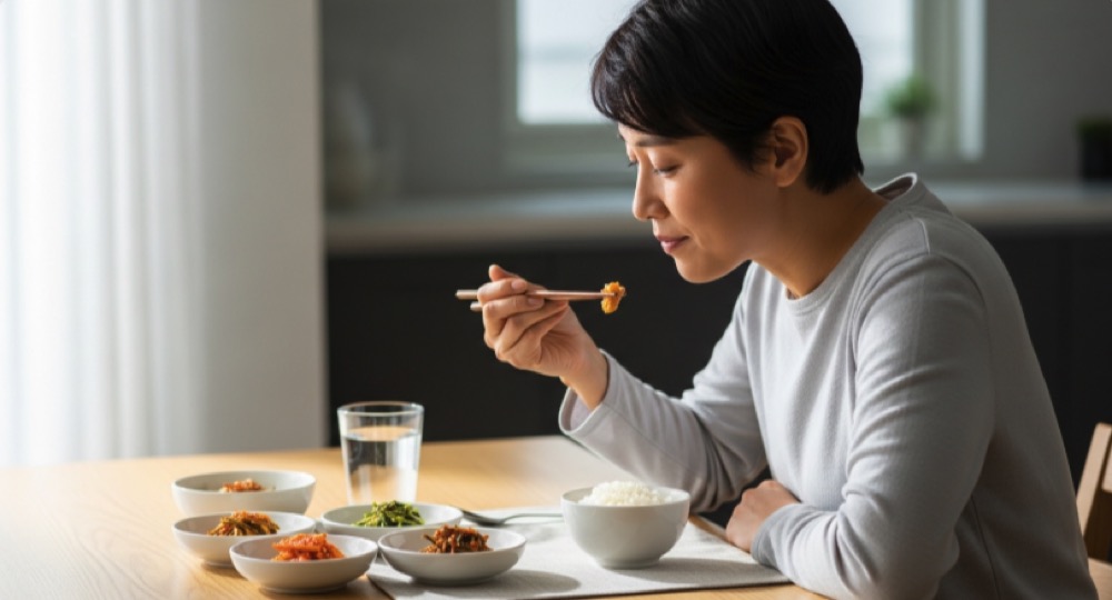 식사 중 부추를 함께 섭취하는 자연스러운 모습