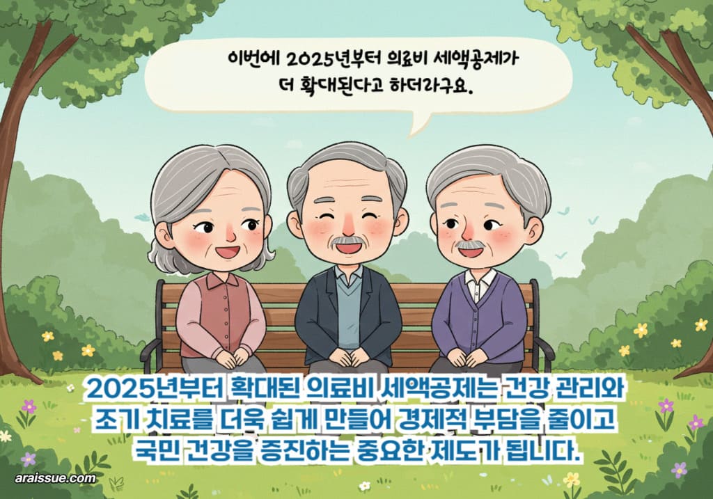 고령 한국인들이 공원 벤치에서 미소 짓고 이야기하며, 2025년부터 확대된 의료비 세액공제와 건강 관리의 중요성에 대해 나누는 장면입니다.