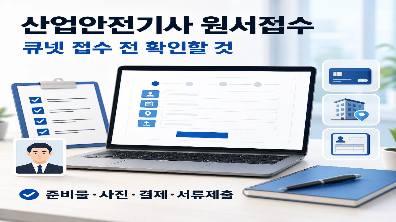 산업안전기사 원서접수를 위해 큐넷 접수 화면과 준비물, 사진, 결제, 서류제출 항목을 함께 보여주는 대표 이미지