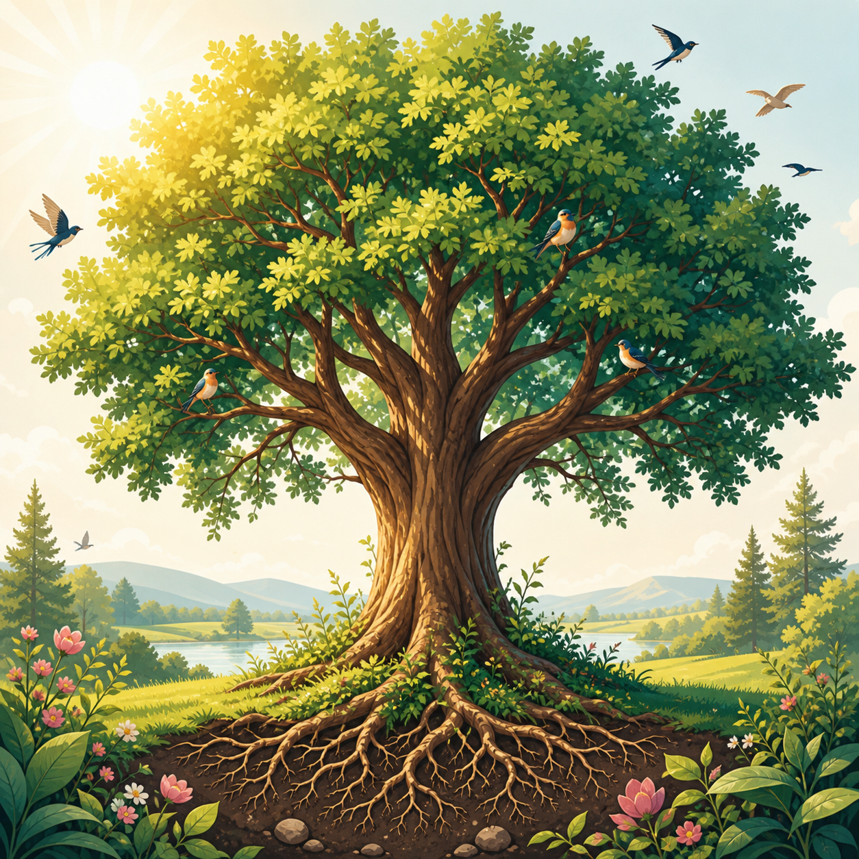 A large healthy tree with birds and leaves in a bright natural landscape