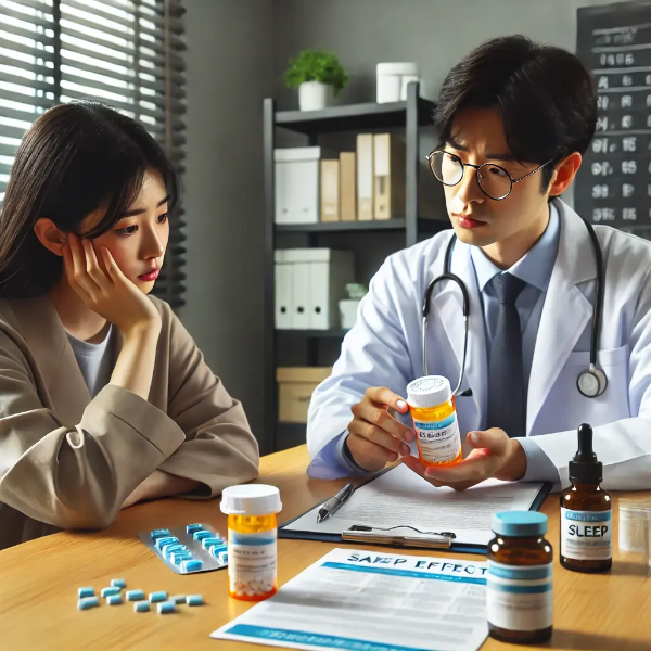수면제 복용법과 부작용에 대해 의료진과 상담하는 한국인, 안전한 복용 가이드 컨셉