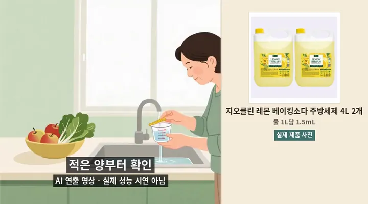 적은 양의 세제를 확인한 뒤 물에 더하는 과정을 보여주는 약 5초 반복 AI 연출 영상. 실제 성능 시연 아님.