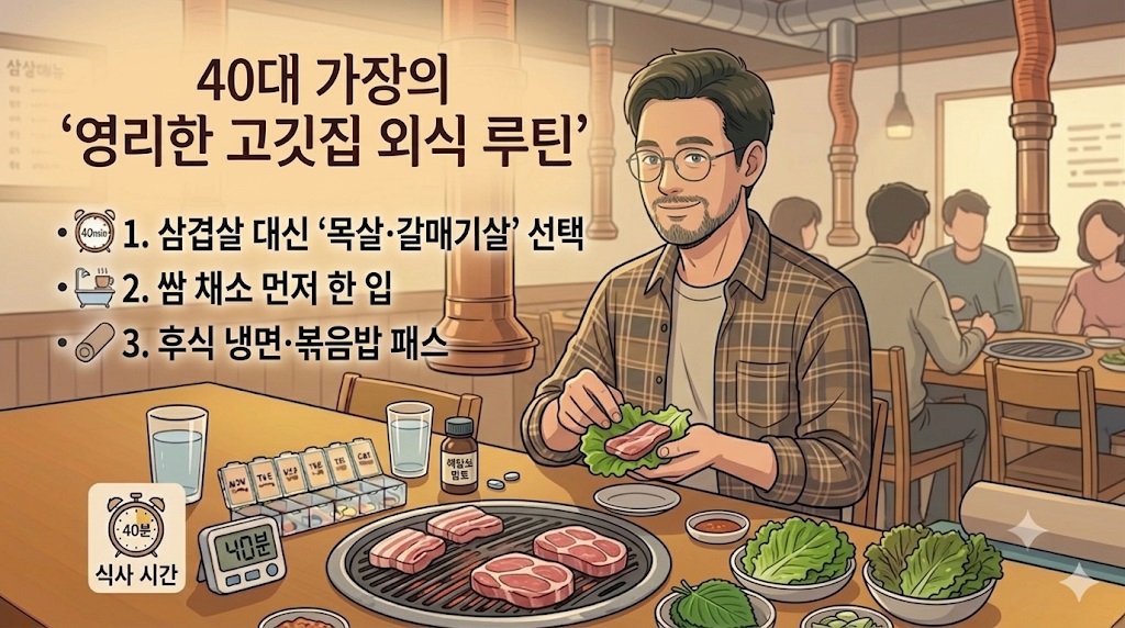 고기 회식 자리에서 삼겹살 대신 담백한 목살을 고르고 쌈 채소를 가득 준비해 영리하게 외식을 즐기는 40대 중반 직장인 남성