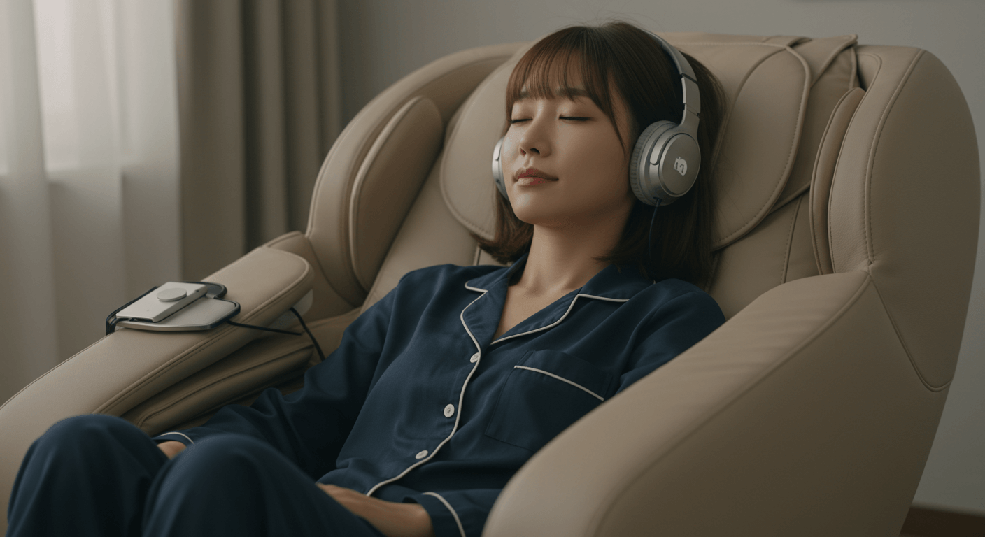 회색 안마의자에 앉아 음악을 들으며 편안히 휴식을 취하는 여성 1
