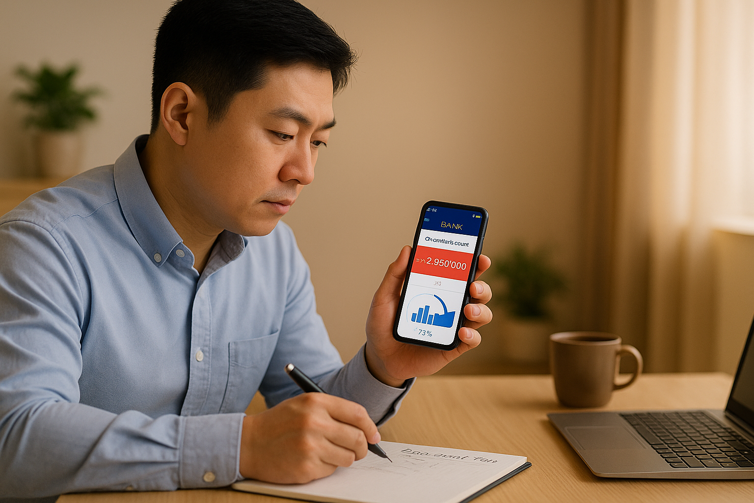 마이너스 통장 잔액과 상환 계획 확인 중인 직장인