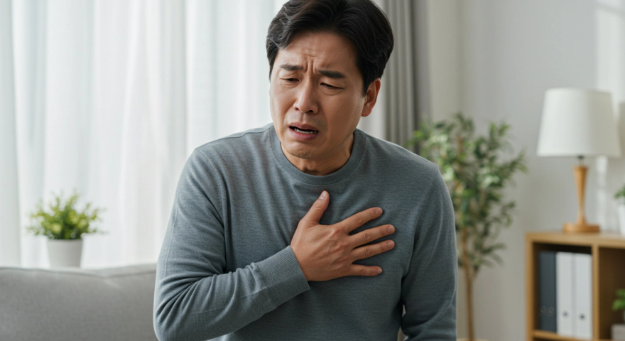 가슴을 부여잡는 한국인 남성