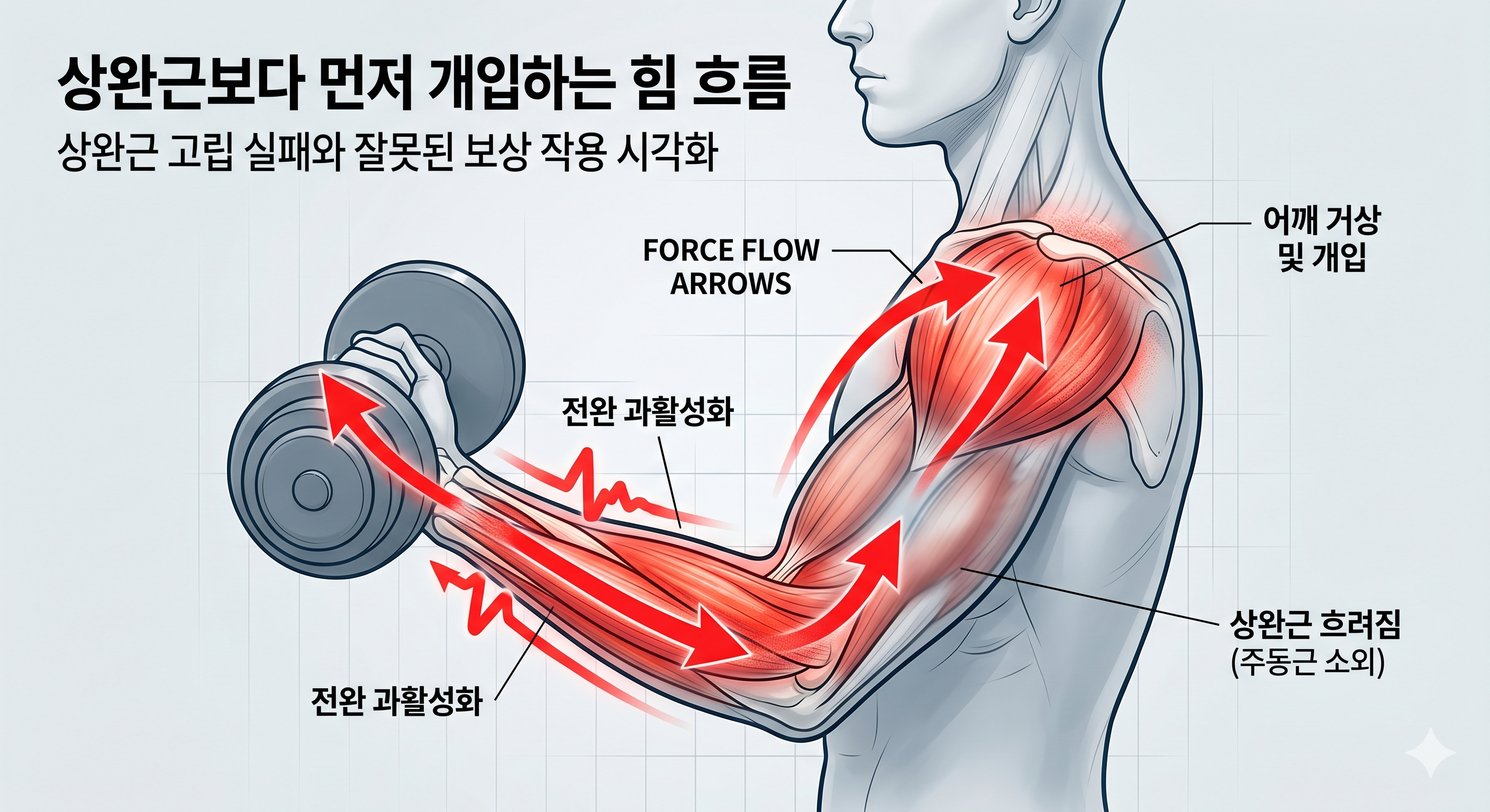 상완근보다 먼저 개입하는 힘 흐름