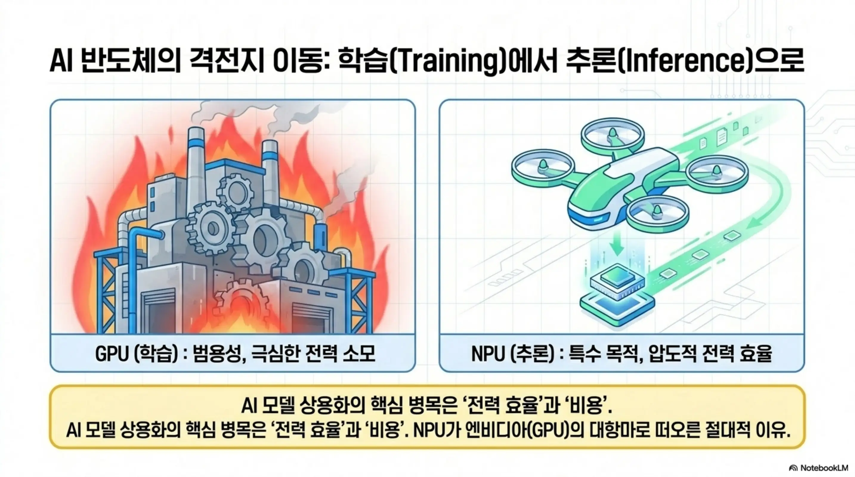 퓨리오사AI: AI 반도체 시장의 격전지가 학습에서 추론으로 이동하는 흐름을 GPU와 NPU 비교로 보여주는 인포그래픽. GPU는 범용성과 높은 전력 소모를 NPU는 특수 목적과 압도적 전력 효율을 각각 일러스트로 대비하여 퓨리오사AI가 추론 시장을 공략하는 이유를 설명하는 이미지
