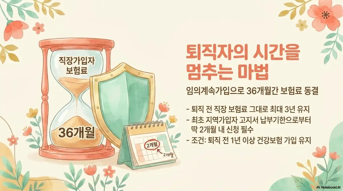 건강보험료 줄이는 방법: 퇴직 후 임의계속가입 제도로 36개월간 직장가입자 보험료를 동결할 수 있음을 설명하는 일러스트. 모래시계와 방패 이미지로 시간을 멈추는 개념을 표현했으며 최초 지역가입자 고지서 납부기한으로부터 2개월 내 신청이 필수라는 조건이 달력과 함께 안내되어 있다.