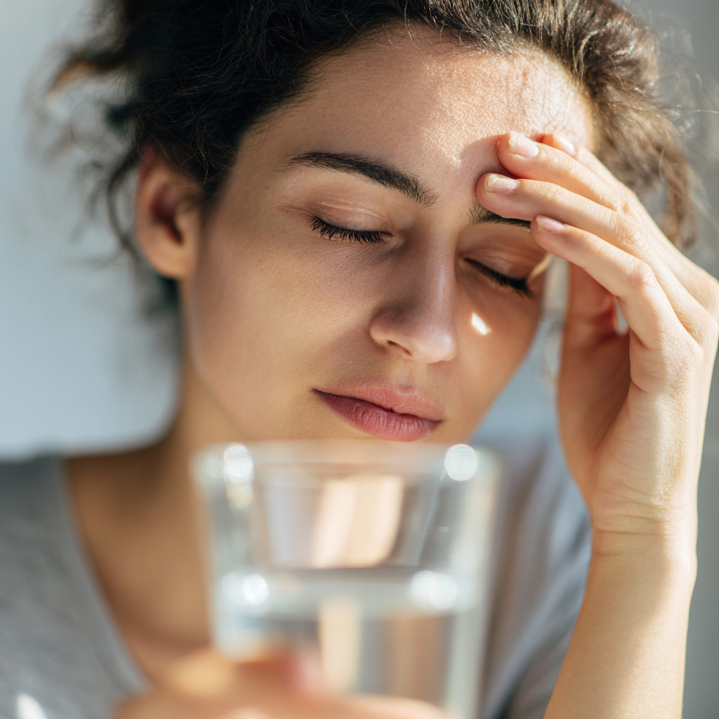 물컵을 들고 피곤해 하는 여성, 실사형 이미지