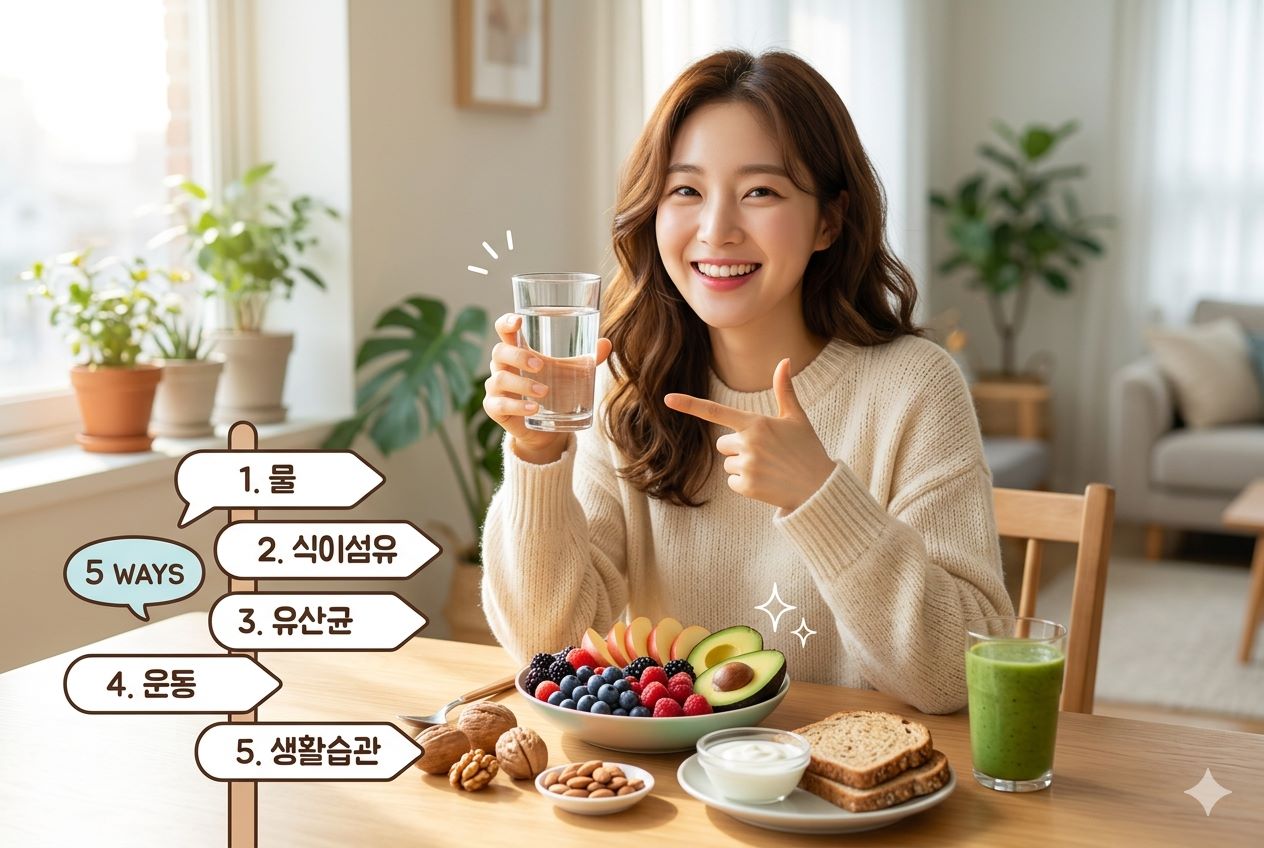 변비 직빵 해결 방법 5가지를 소개하는 포스팅 이미지입니다. 밝게 웃는 여성이 한 손에는 물컵을 들고, 다른 한 손으로는 아보카도, 블루베리, 견과류 등이 담긴 건강한 식단과 그린 스무디를 가리키고 있습니다. 이미지 왼쪽에는 '1. 물', '2. 식이섬유', '3. 유산균', '4. 운동', '5. 생활습관'이라는 5가지 방법이 적힌 표지판 아이콘이 함께 배치되어 있습니다.