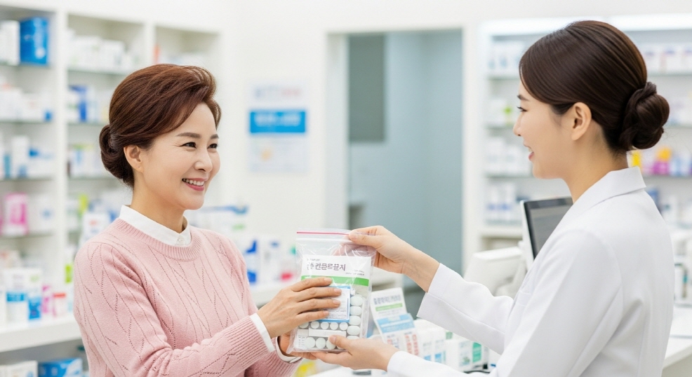 약국에서 약 봉투를 받는 중년 여성