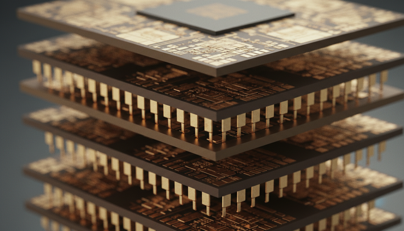 컴퓨터 칩이 수직으로 적층되는 모습을 담은 매크로 사진. 범프 없이 구리와 구리가 직접 연결되는(하이브리드 본딩) 모습이 보인다. 금속 질감, 금색과 구리색 톤, 극도로 상세하고 사실적인 기술적 묘사.