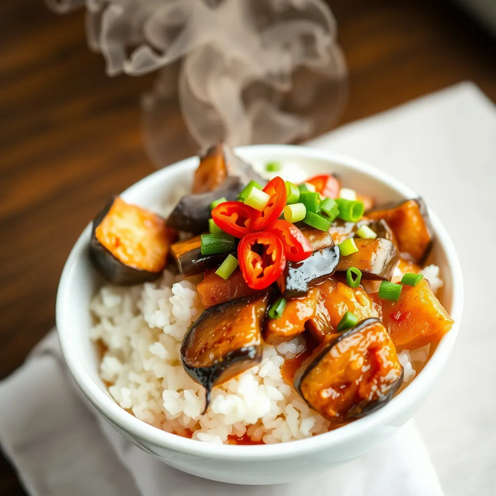 따뜻한 밥 위에 양념된 가지 요리(예: 가지볶음이나 마파가지)가 푸짐하게 얹어져 있는 모습입니다. 고명으로 채 썬 고추나 실파 등이 올라가 색감을 더하고 식감을 살립니다.