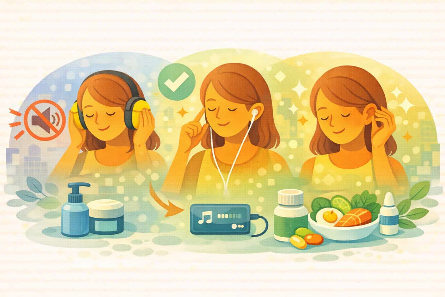 소음을 차단하고 올바른 이어폰 사용과 귀 마사지를 통해 청력을 보호하는 여성의 일러스트