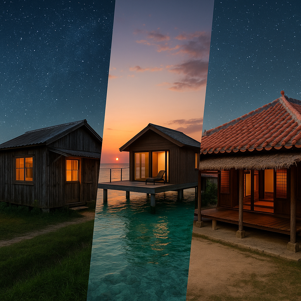 오키나와의 전통 민박, 물 위 빌라, 류큐 가옥이 밤하늘과 석양을 배경으로 한 화면에 어우러진 몽타주