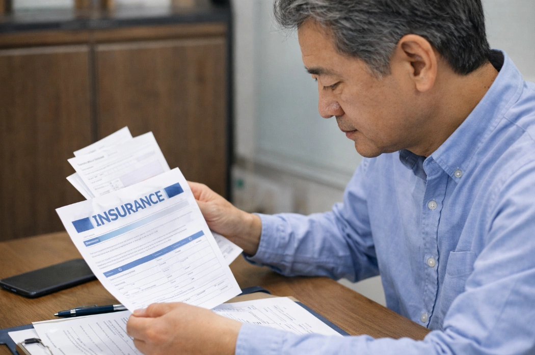 임플란트 뼈이식 수술 전 치아보험과 종신보험 서류를 확인하며 보장 여부를 점검하는 40~50대 성인 모습