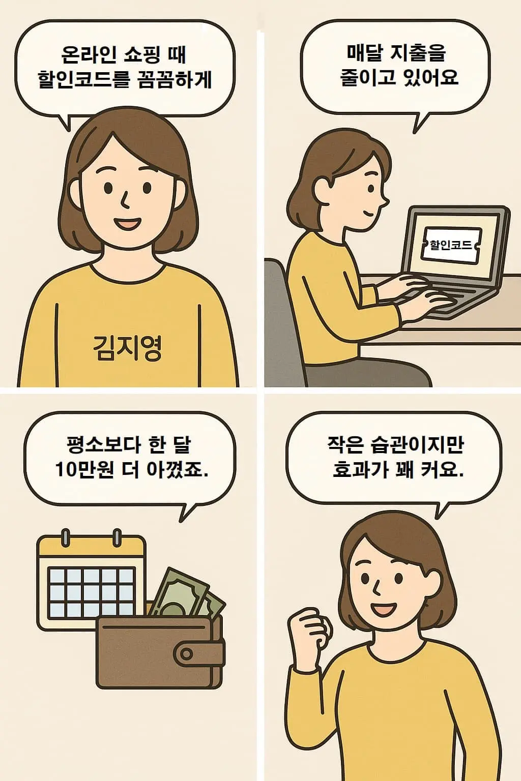 김지영이라는 인물이 할인코드를 활용해 온라인 쇼핑 비용을 절약하는 과정을 보여주는 4컷 웹툰. 할인코드를 꼼꼼히 챙기고, 매달 지출을 줄이며, 한 달에 10만 원 이상 절약하고 있다는 내용을 담고 있음.