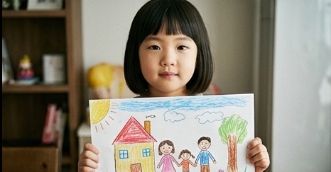 완성되지 않은 그림을 자랑스럽게 들어 보이는 딸