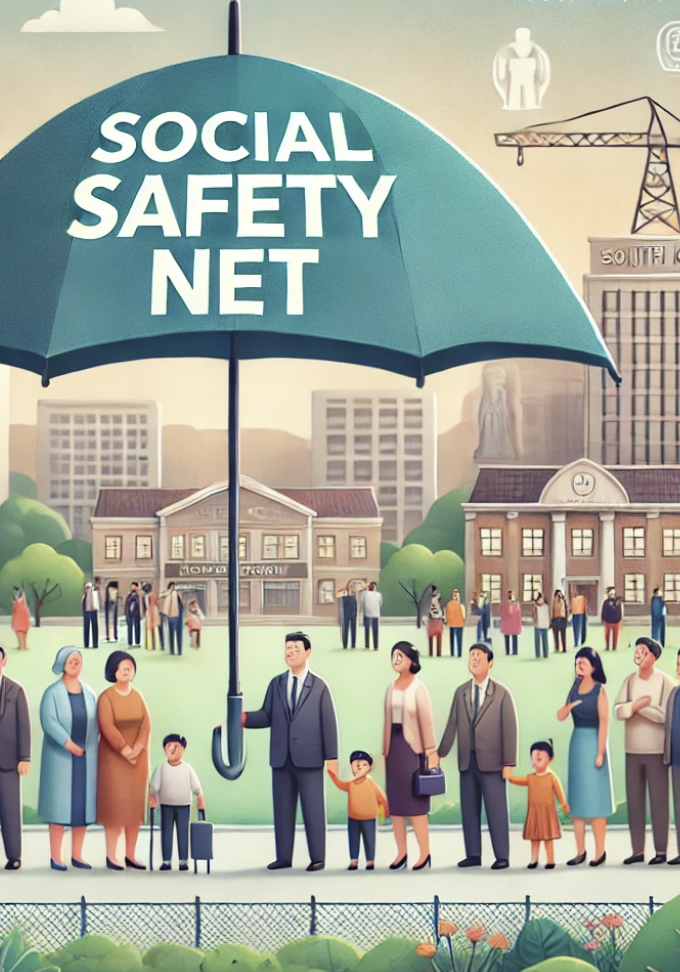 사회안전망을 상징하는 우산 아래 모여 있는 사람들 이미지