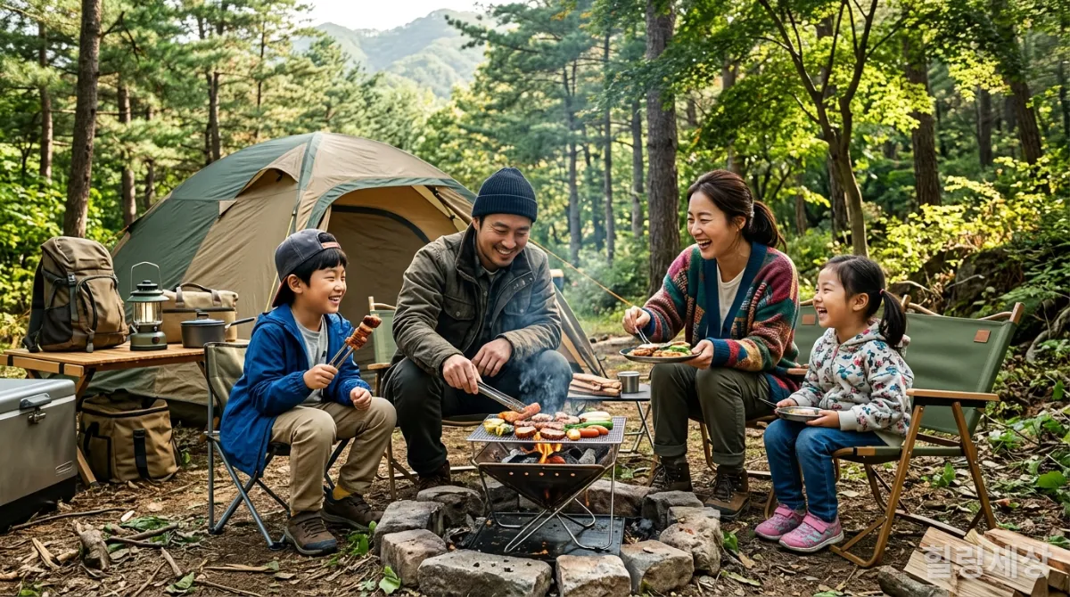 한국 가족이 숲속 캠핑장에서 직접 요리하며 즐거워하는 모습