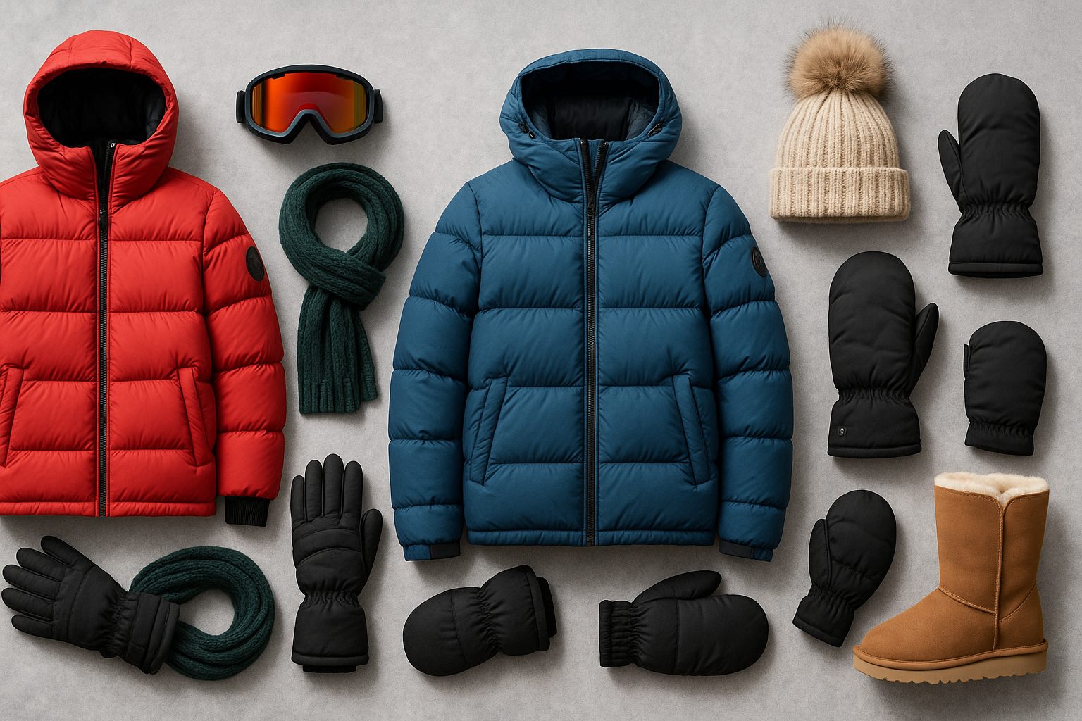방한패딩, 장갑, 고글, 목도리, 모자 등