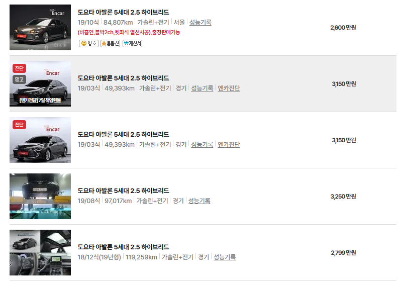 도요타 아발론 중고차 가격 시세표 연비