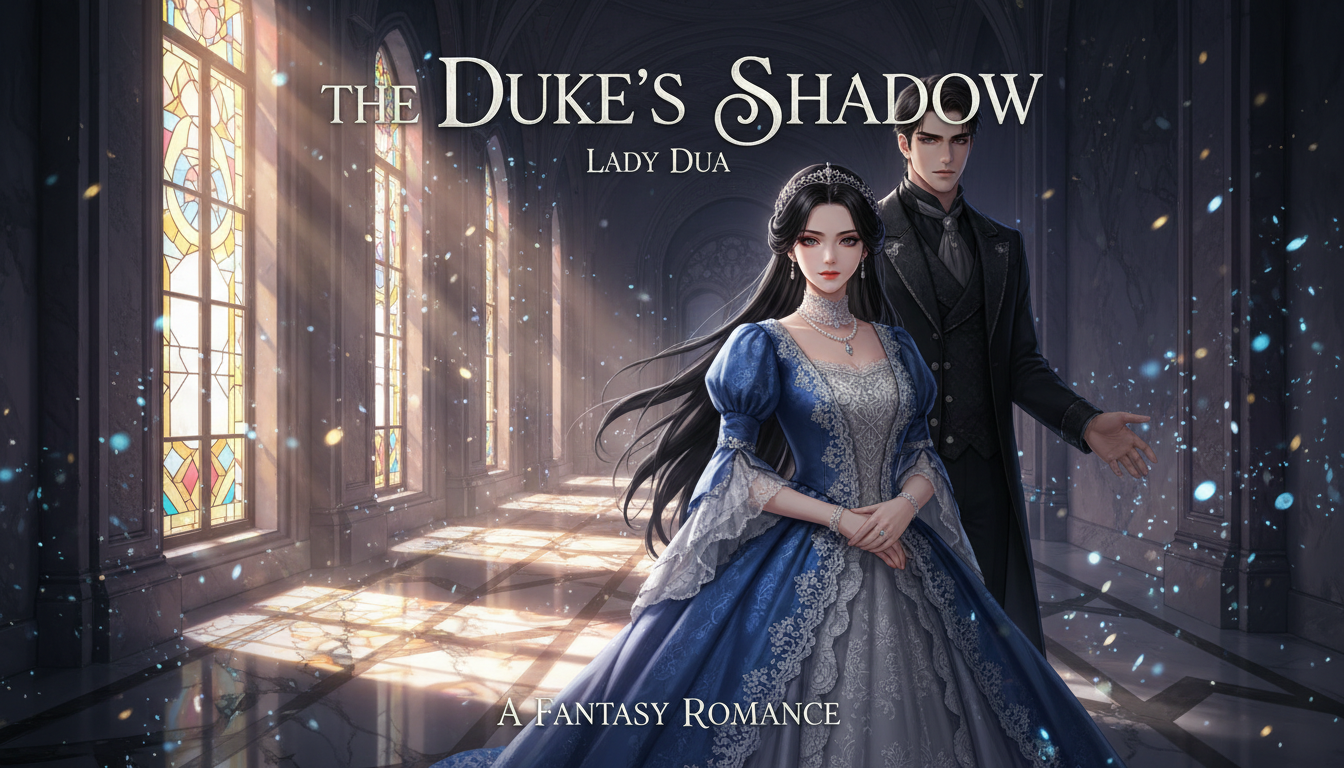 화려한 궁전을 배경으로 결의에 찬 표정을 짓고 있는 레이디 두아와 그녀를 지키는 대공의 모습을 담은 판타지 로맨스 일러스트